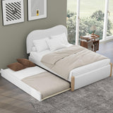 Merax Full Size Upholstered Platform Bed with Wood Supporting Feet and Twin Size Trundle, White Merax