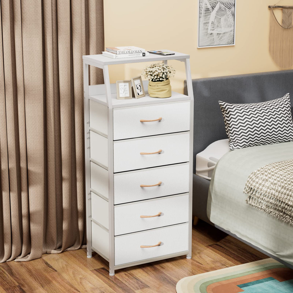 Furnulem White Dresser with 5 Drawers, Vertical Storage Tower Fabric Dresser for Bedroom, Hallway, Entryway, Nursery, Closet Organizer, Nightstand Bedside Table Furniture, Sturdy Steel Frame, Wood Top Furnulem