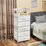 Furnulem White Dresser with 5 Drawers, Vertical Storage Tower Fabric Dresser for Bedroom, Hallway, Entryway, Nursery, Closet Organizer, Nightstand Bedside Table Furniture, Sturdy Steel Frame, Wood Top Furnulem