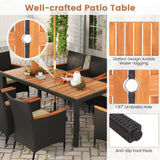 HAPPYGRILL 9 Pieces Outdoor Dining Set for 8, Patio Conversation Set with Acacia Wood Tabletop, Umbrella Hole, Washable Seat Cushions, Rattan Dining Table & Chair Set for Garden Yard Poolside HAPPYGRILL