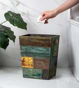 TIMRIS Small Wood Trash Can Wastebasket, Farmhouse Rectangular Garbage Can Waste Basket, Rustic Distressed Boho Wooden Trash Recycling Bin with Metal Handles, Reclaimed Wood Storage Basket (Random) TIMRIS