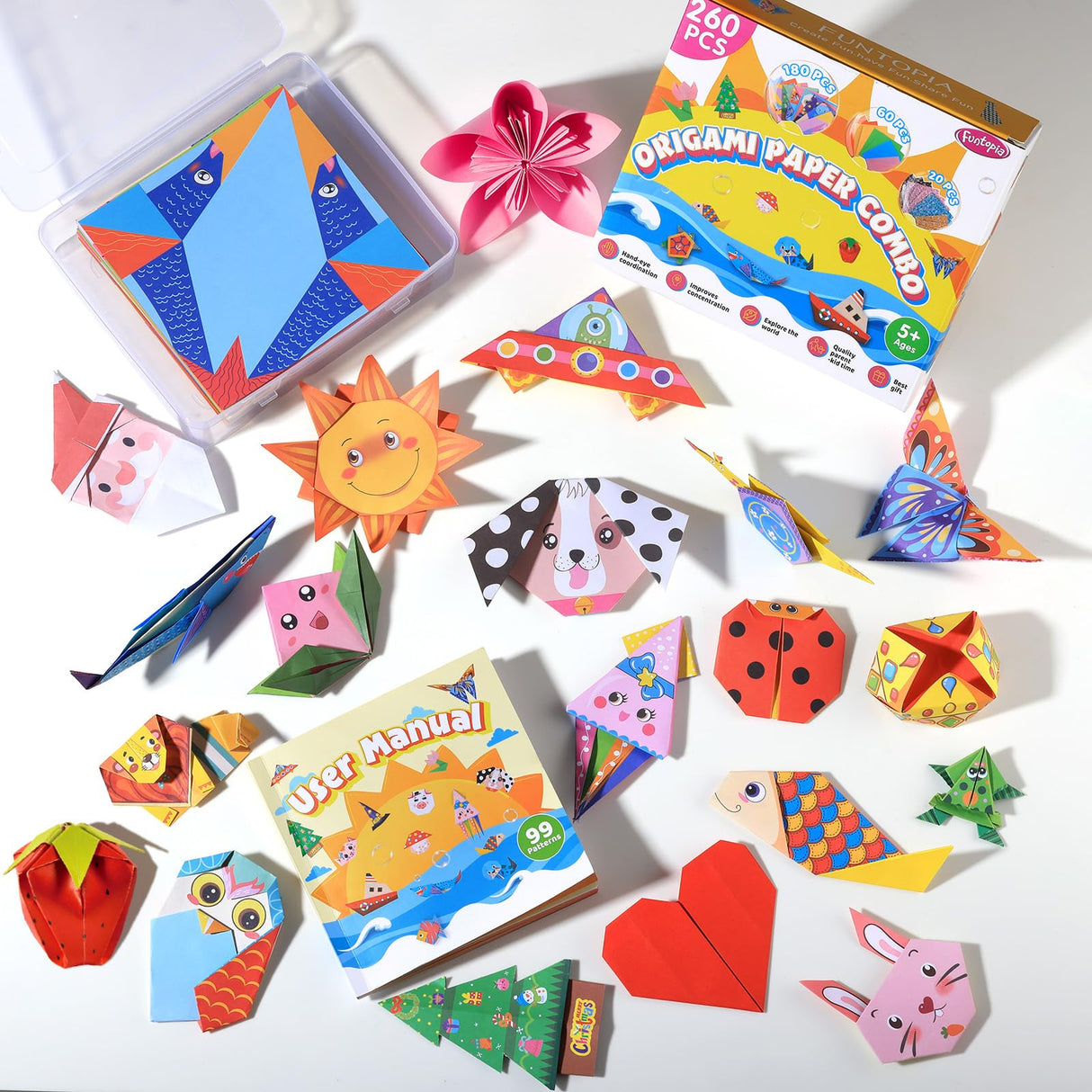 Origami Kit for Kids Ages 5-8 8-12, 260 Sheets Origami Paper with 99 Patterns and Guiding Book, Funtopia DIY Craft Art Projects Supplies for Boys Girls, Travel School Vacation Activities Toy Funtopia