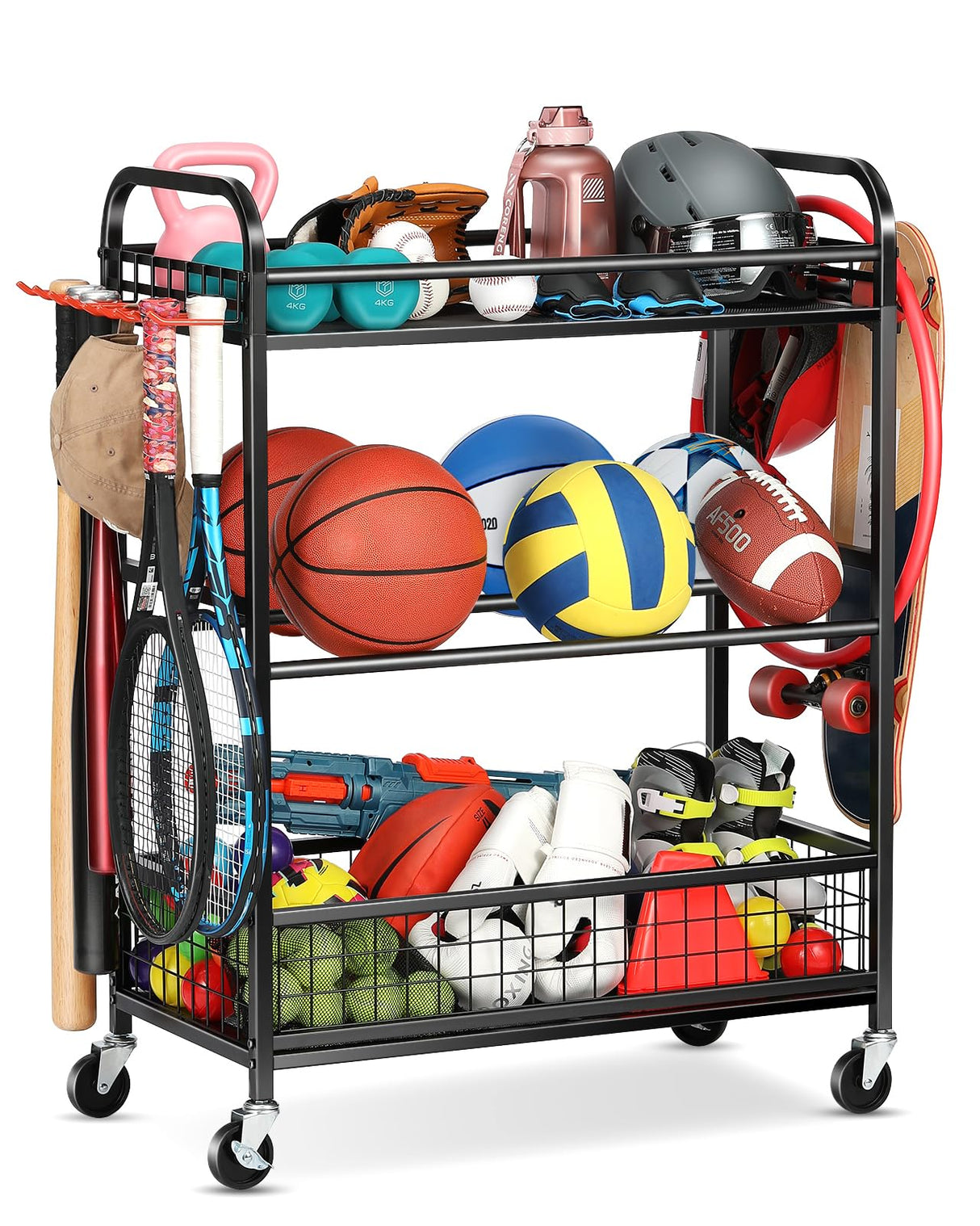 EXTCCT Ball Storage Sports Equipment Organizer - Garage Storage Cart Rolling Ball Storage Rack with Hooks Wheels Outdoor Indoor Gym Gear Toy Holder Bin for Basketball, Baseball, Soccer EXTCCT