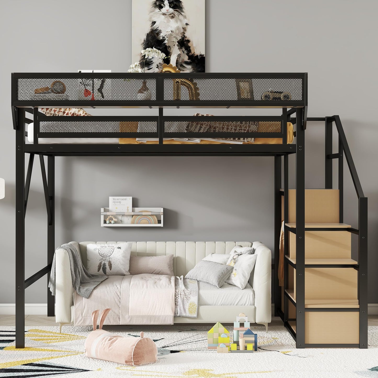 SOFTSEA Queen Size Loft Bed with Storage Stairs, Heavy Duty Metal Loft Bed with Storage Wardrobe and Shelves for Adults Teens Kids, Space Saving Bed Frame with Guardrail, Black