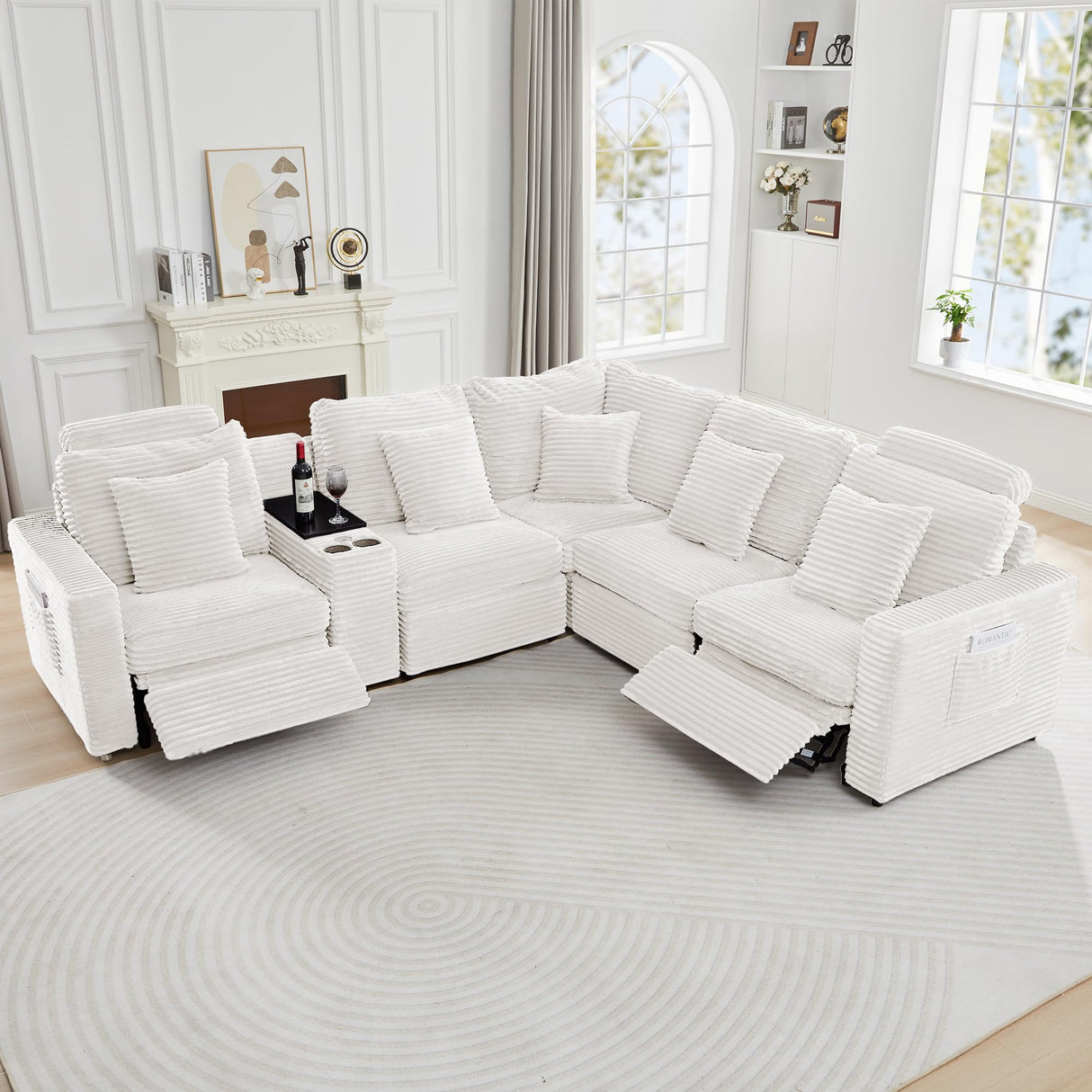 Sylphorium Power Recliner Sectional Sofa, L Shaped Couch with 2 Recliners and Center Console, Comfy Corduroy 5 Seater Modular Sofa for Living Room, Apartment, Home Theater (White) Sylphorium
