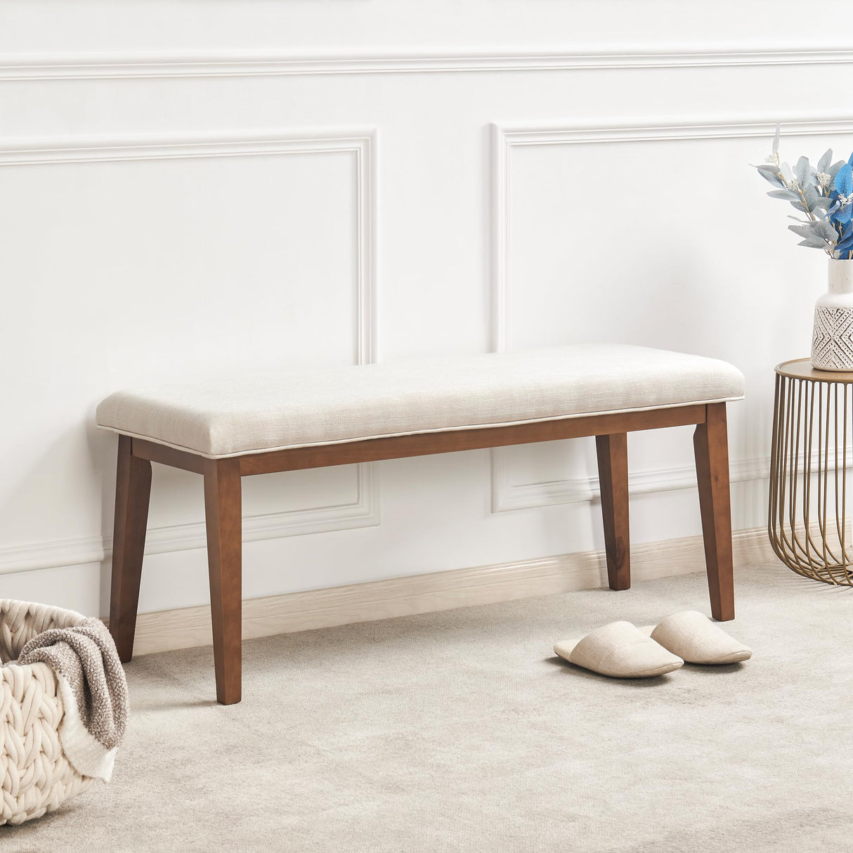 kinmars Upholstered Bench for Bedroom End of Bed,42.5-inch Entryway Bench for Living Room,Dining Bench with Padded Seat and Solid Wood Leg for Kitchen Bedroom,Indoor and Hallway (Bench, Beige) kinmars