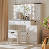 SunsGrove Farmhouse 43.3" Vanity Desk with Hollywood Makeup Mirror and Lights, White Vanity with 2 Drawers & 2 Cabinets, Large Modern Vanity Desk with Vanity Storage Chair for Bedroom (Antique White) SunsGrove