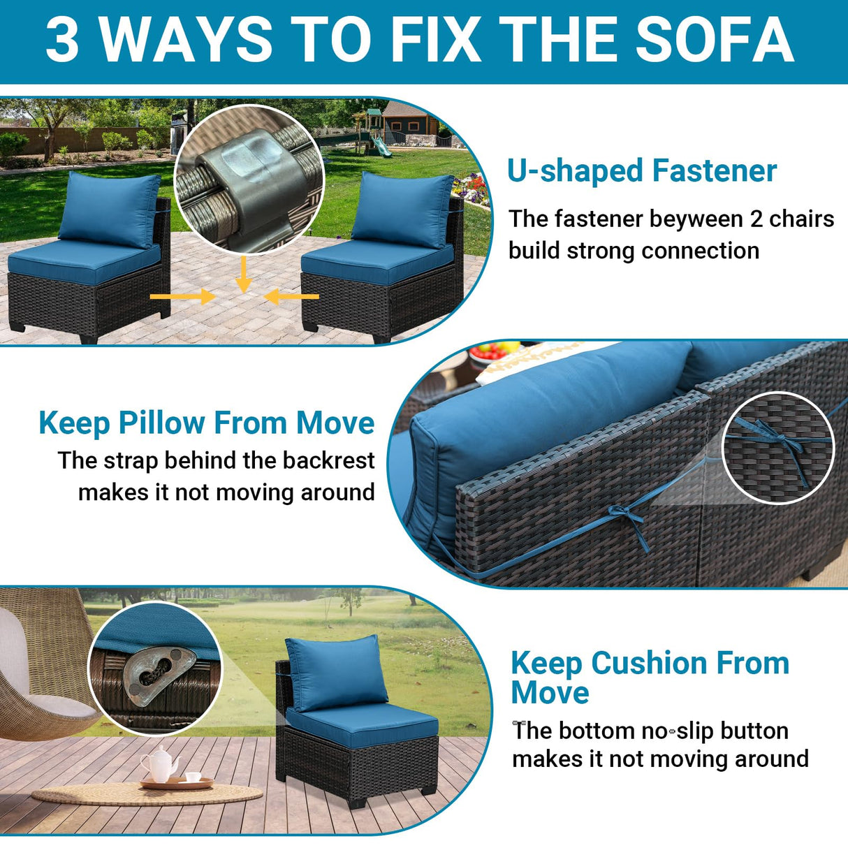 Jing's Villa 5-Piece Patio Furniture Set, All-Weather Outdoor Wicker Sectional Sofa with Cushions, Tempered Glass Table & Ottoman, Rattan Conversation Seating for Porch, Garden, Backyard,Peacock Blue Jing's Villa