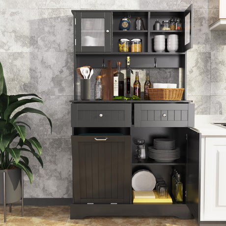 LOUVIXA 68.4" Kitchen Pantry Storage Cabinet, Freestanding Cupboard with 3 Cabinets, 2 Drawers and 1 Tilt Out Trash Cabinet, Tall Storage Cabinet for Kitchen, Dinning Room, Living Room (Black) LOUVIXA