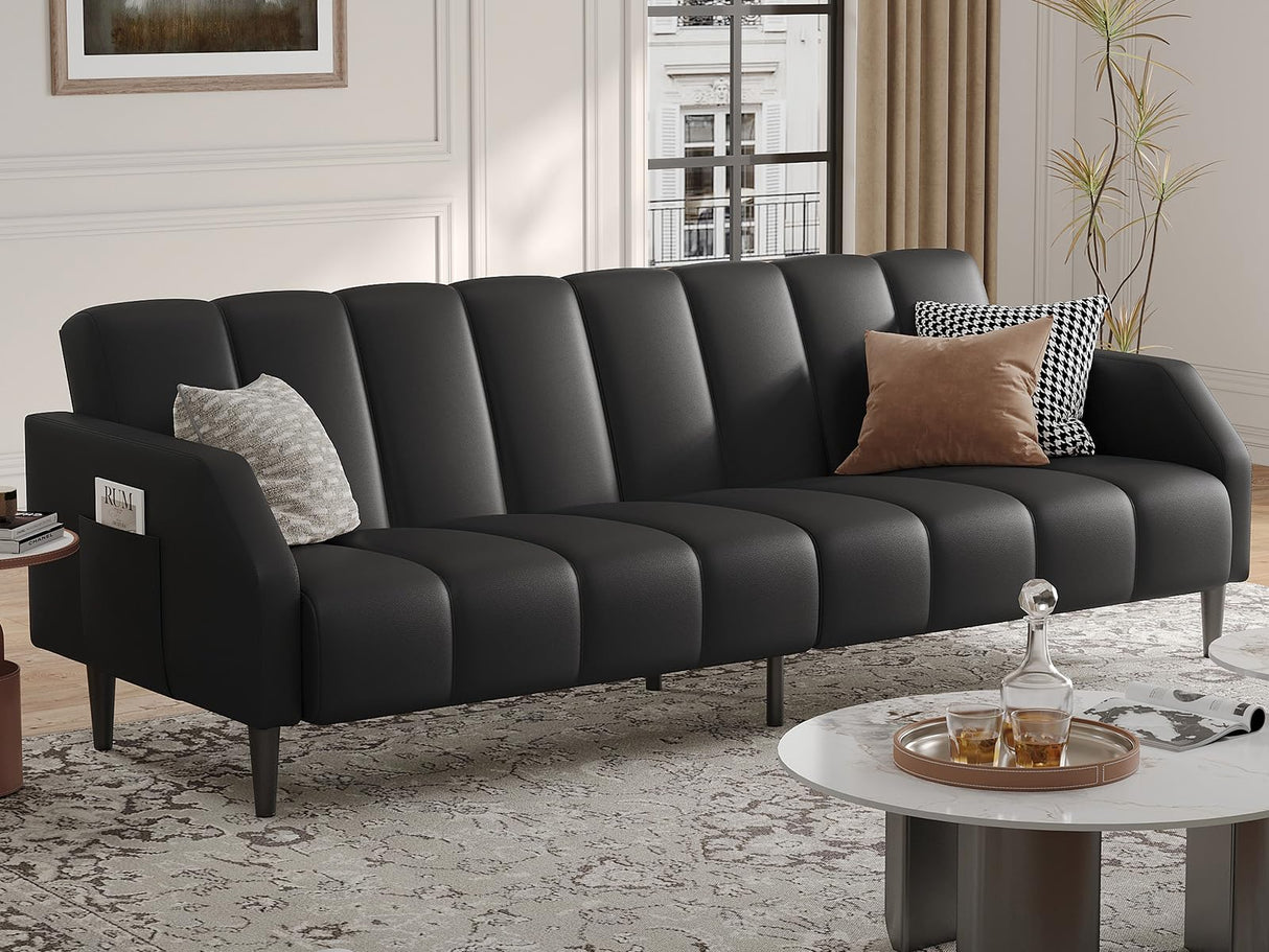 Fadware Faux Leather Couch, Convertible Futon Sofa Bed with Adjustable Backrest, Mid Century Leather Sofa Loveseat with Side Pockets& Metal Leg, Modern Leather Sleeper Sofa for Living Room Bedroom Fadware