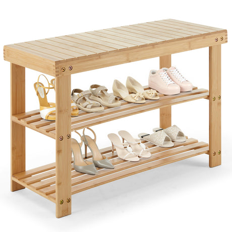 DUMOS Shoe Rack Bench, 3-Tier Bamboo Entryway Benches, Holds Up to 286 lb Storage Organizer, 11.3 x 27.6 x 17.8 Inches, Suitable for Bedroom Living Room Balcony, Wood DUMOS