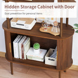 Turtle&Myrtle Tall Arched Bookshelf, Mid Century Modern Fluted Bookcase Cabinet with Sliding Doors, Curved Metal Frame Bookcase, Industrial Storage Display Shelving for Living Room, Bedroom (Walnut) Turtle&Myrtle