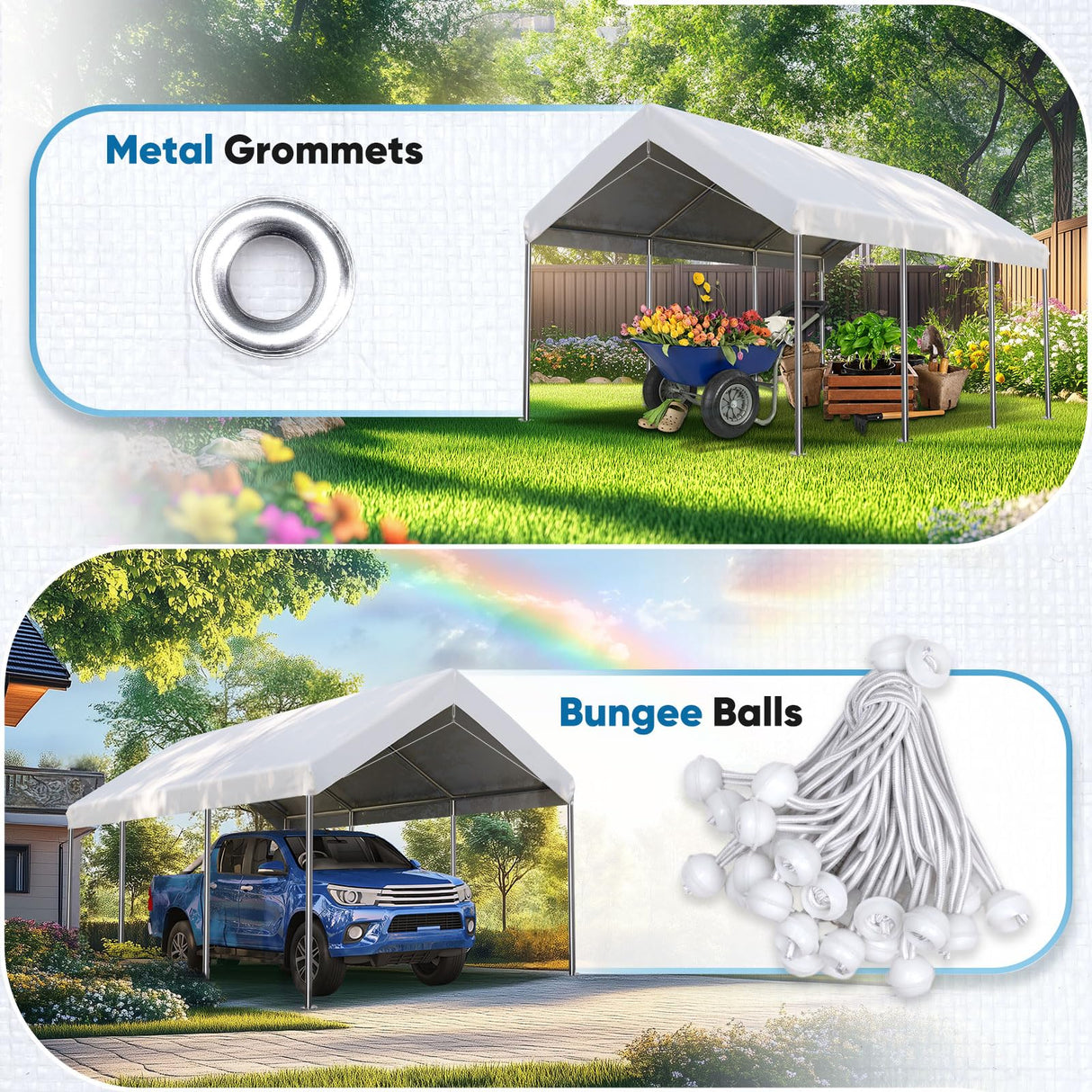 ADVANCE OUTDOOR Replacement Top Cover Tarp for 12x20 ft Carport Canopy with Ball Bungees, White, One Roof Only ADVANCE OUTDOOR
