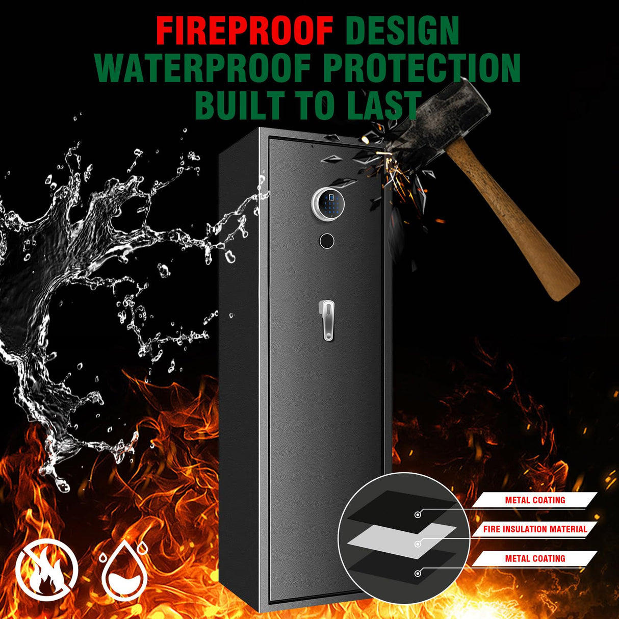 TOLEBLID [2025 New] 7-8 Fireproof Biometric Gun Safes for Home Rifle and Pistols, Heavy Duty Anti-Theft Long Gun Safes for Rifles and Shotguns with 3 Handgun Pocket, Removable Shelf, Silent Mode TOLEBLID