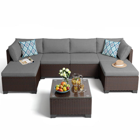 Gizoon 7 Pieces Outdoor Patio Furniture Set, All-Weather PE Rattan Wicker Sectional Sofa Seating with Waterproof Cushions and Coffee Table, Outdoor Conversation Set for Garden, Backyard, Balcony Gizoon