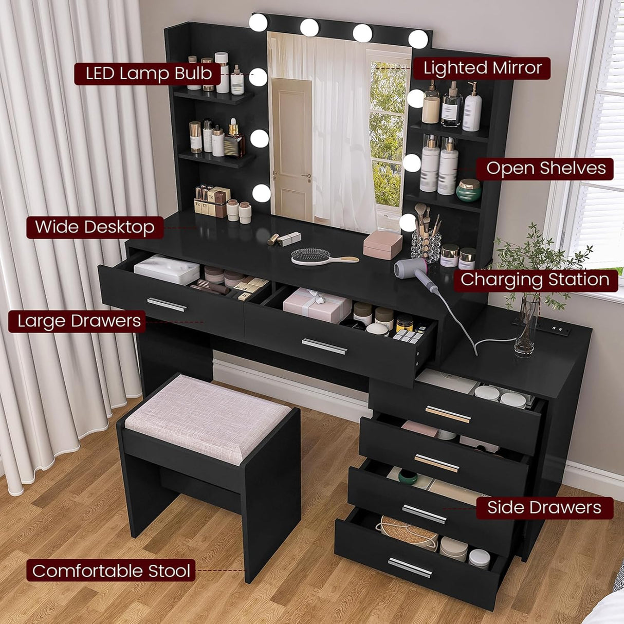 FIONESO Vanity Desk with Mirror & Lights, Makeup Vanity with 6 Drawers, 6 Open Shelves and Power Outlet, 48” Storage Makeup Vanity Desk with Stool Bench for Women, Girls, Bedroom, Black FIONESO