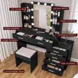 FIONESO Vanity Desk with Mirror & Lights, Makeup Vanity with 6 Drawers, 6 Open Shelves and Power Outlet, 48” Storage Makeup Vanity Desk with Stool Bench for Women, Girls, Bedroom, Black FIONESO