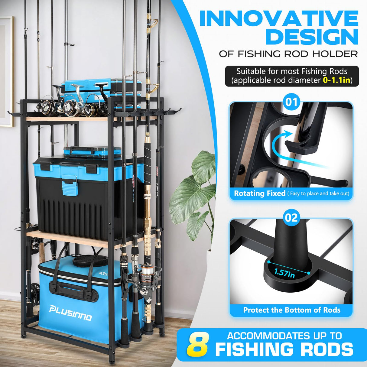 PLUSINNO 3 Tier Fishing Rod Holder, Fishing Pole Holders for Garage, Fishing Rod Rack Fishing Rod Storage Up to 8 Rods, Fishing Gear Tackle Box Fishing Equipment Organizers, Fishing Gifts for Men PLUSINNO