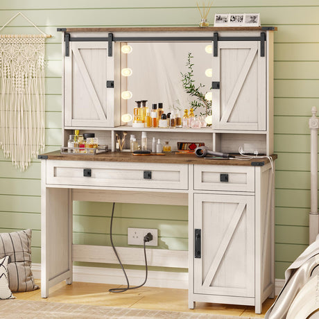 VIAGDO Farmhouse Makeup Vanity Desk with Sliding Door and Lights, Vanity Table with Charging Station & 2 Drawers, Rustic Big Vanity Table with Hooks/Shelves/Hidden Space for Bedroom VIAGDO