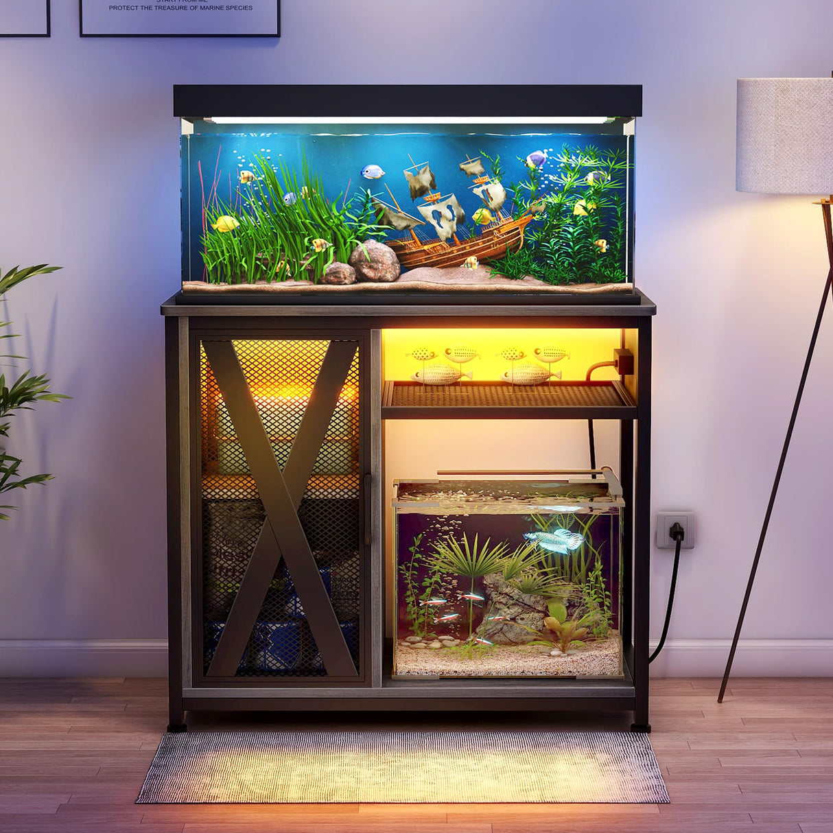 DWVO 40-50 Gallon Aquarium Stand with Power Outlets & LED Light, Cabinet for Fish Tank Accessories Storage - Metal Fish Tank Stand Suitable for Turtle Tank, Reptile Terrarium, 660LBS Capacity, Grey DWVO