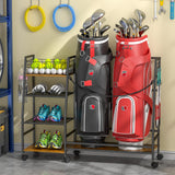 Golf Bag Storage Rack for Garage with Wheels, Organizer for 2 Golf Bag and Equipment Accessories, Golf Organizer Stand Ideal for Home, Garage, Club, Shed, Basement - Sturdy and Durable (Black) DAOUTIME