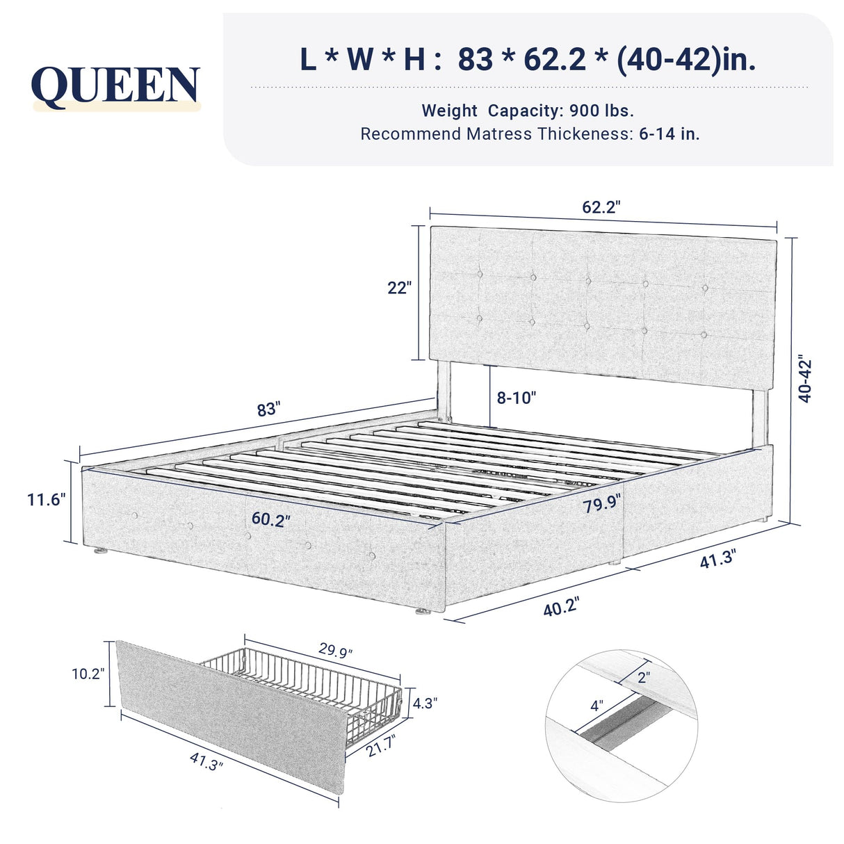 Allewie Upholstered Queen Size Platform Bed Frame with 4 Storage Drawers and Headboard, Square Stitched Button Tufted, Mattress Foundation with Wooden Slats Support, No Box Spring Needed, Light Grey Allewie