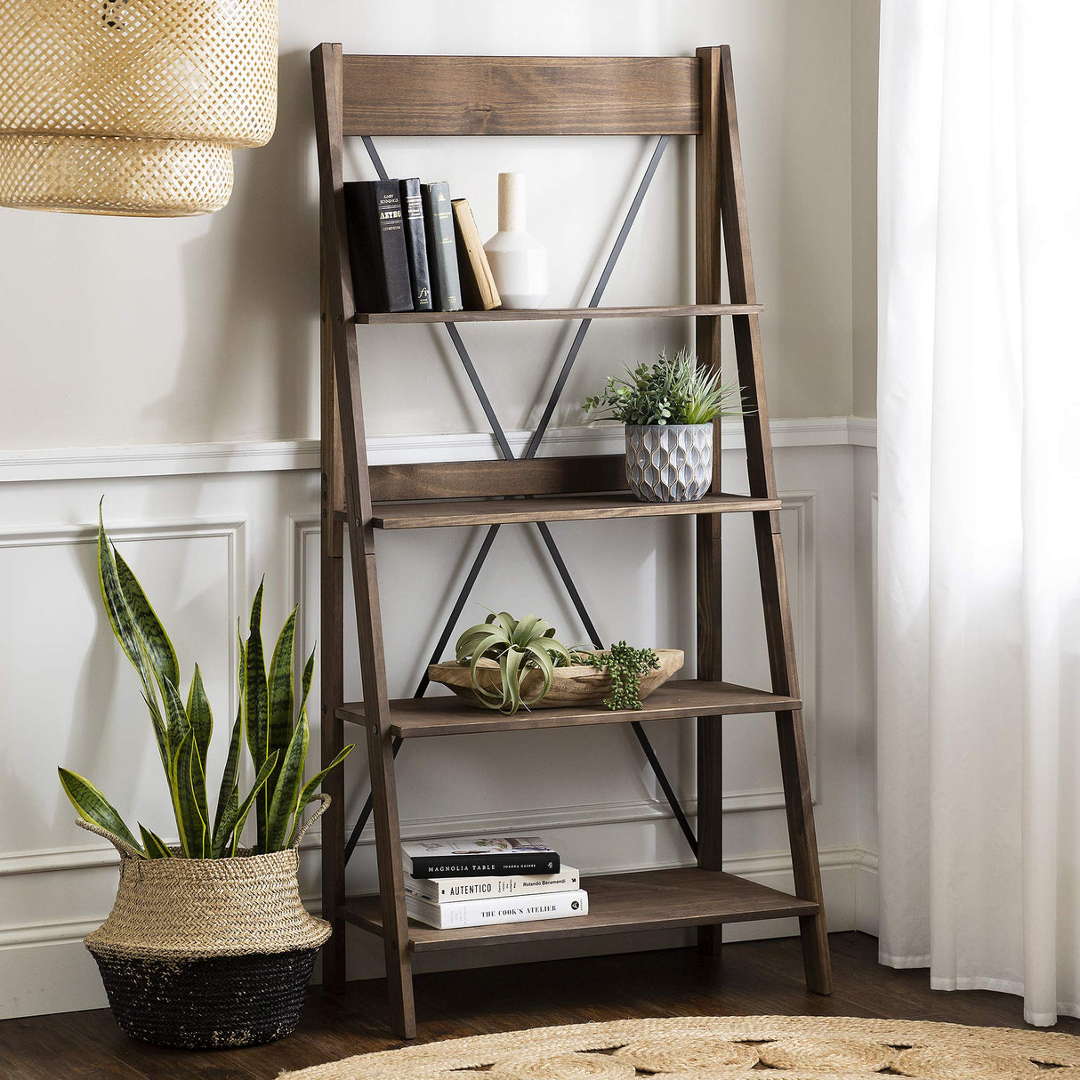 Stylish Brown Wood Bookcase with X Back Design - 4 Shelf Modern Farmhouse Storage Unit Walker Edison