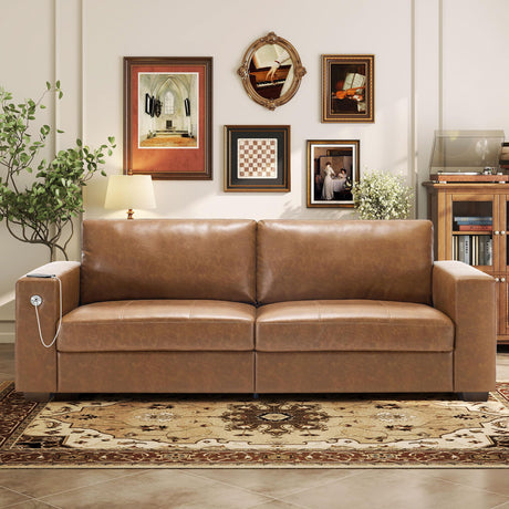 Faux Leather 89" Sofa for Living Room, Modern Comfy Sofa with Medium Firm Seat Cushion, Removable Cover,Wide Armrest,USB/Type-C Port,Couches for Small Space,Apartment Hanherry