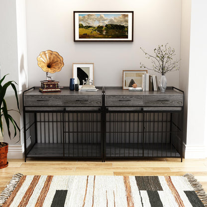 PUPETPO Large Dog Crate Furniture, Indoor Dog Kennel with Storage Drawers, Double Doors Dog Crate End Table Large, Heavy Duty Dog Crate, Decorative Pet Crate Dog Cages for Large Dogs, Grey - WoodArtSupply