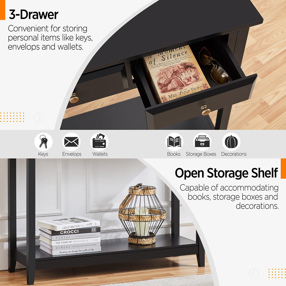 Yaheetech Console Table with 3 Drawers, Wood Entryway Table with Storage Shelf, Sofa Table Narrow Long for Living Room, Entryway, Hallway, Foyer, Black Yaheetech