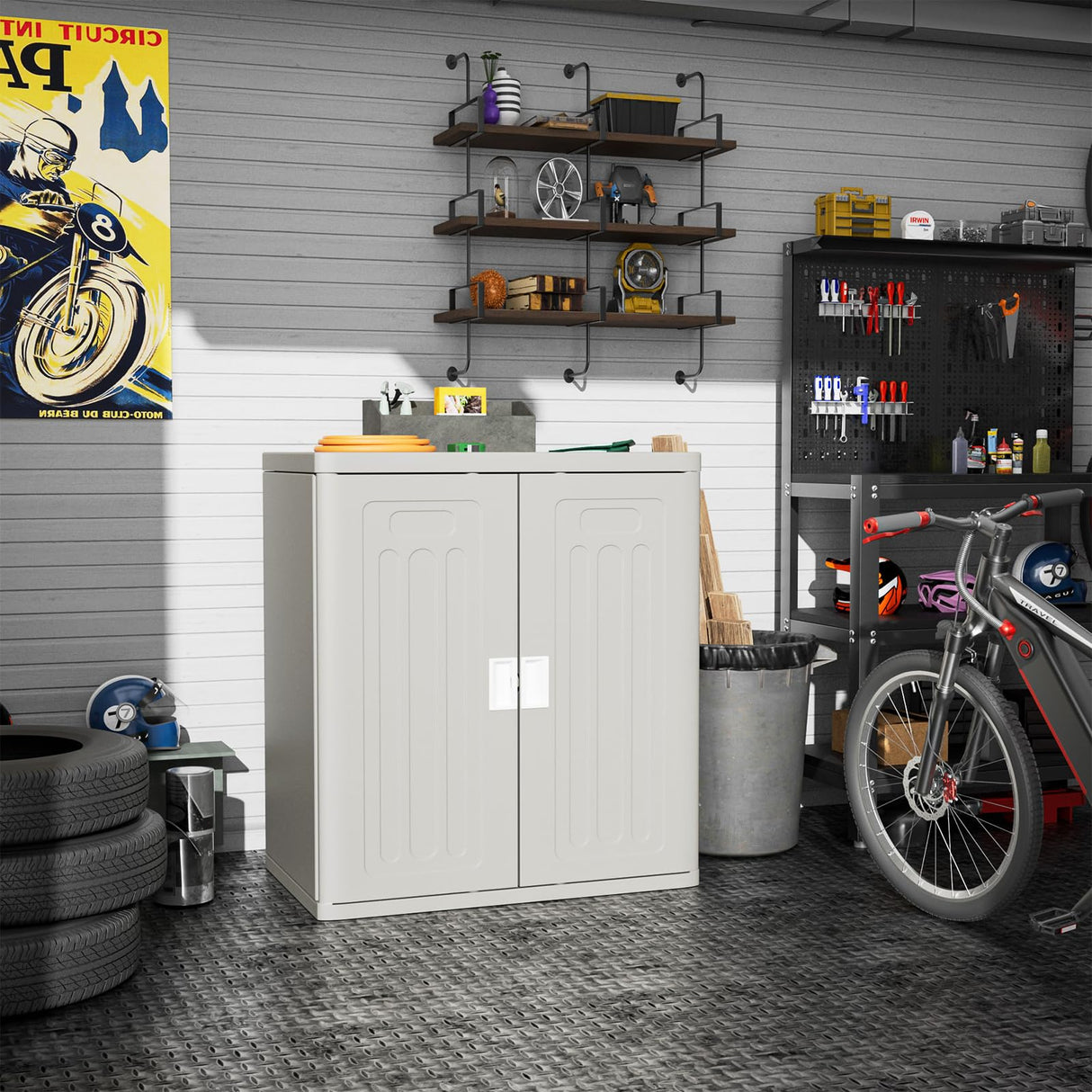 Amopatio Outdoor Storage Cabinet with 1 Shelf, Resin Storage Cabinet Waterproof, Plastic Patio Storage Shed All Weather Use for Tools, Cleaning Supplies, 19.7" D x 29.5" W x35.4 H, Grey Amopatio