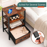 Yoobure Side Table with Storage, LED Night Stand with Charging Station, End Tables Living Room, Nightstand for Bedroom with Adjustable Fabric Drawer, 3-Tier Wood Bedside Table, Berry Brown Yoobure