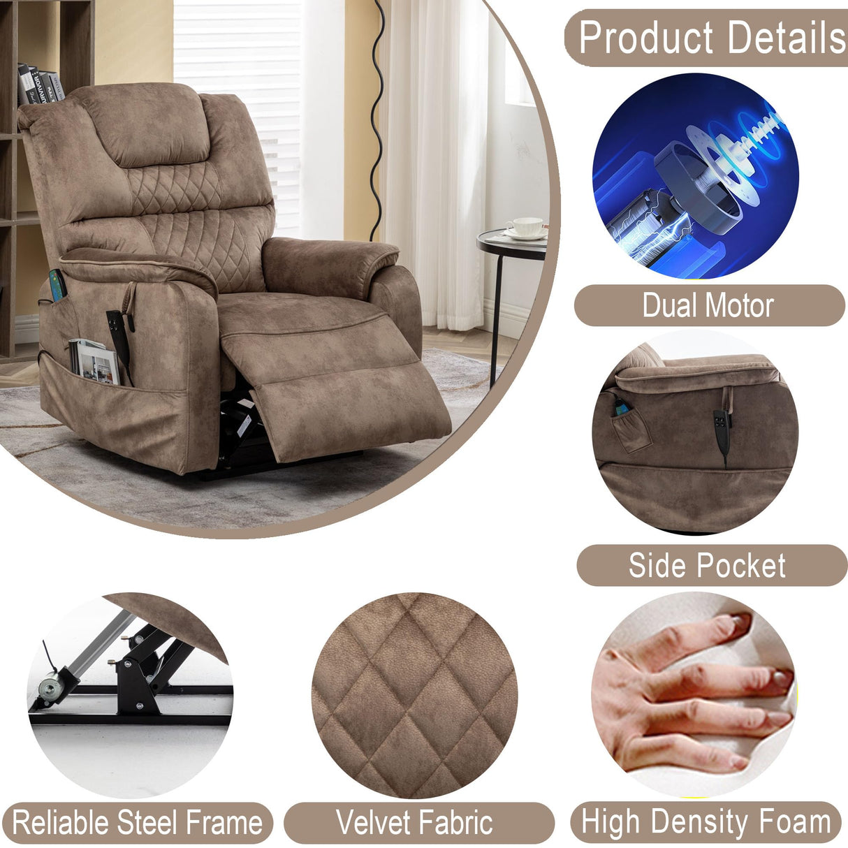 FUNECORP Power Lift Recliner Chair Recliners for Elderly,Lay Flat Velvet Tufted Recliner with Heat and Massage,Dual Motor Lounge Recliners for Living Room FUNECORP