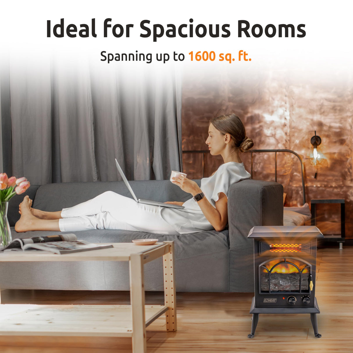 EZ-HEAT Electric Fireplace Space Heater with Flame Effect, Adjustable Thermostat, Dual Heat Settings, and Overheat Protection, MT1288 EZ-HEAT