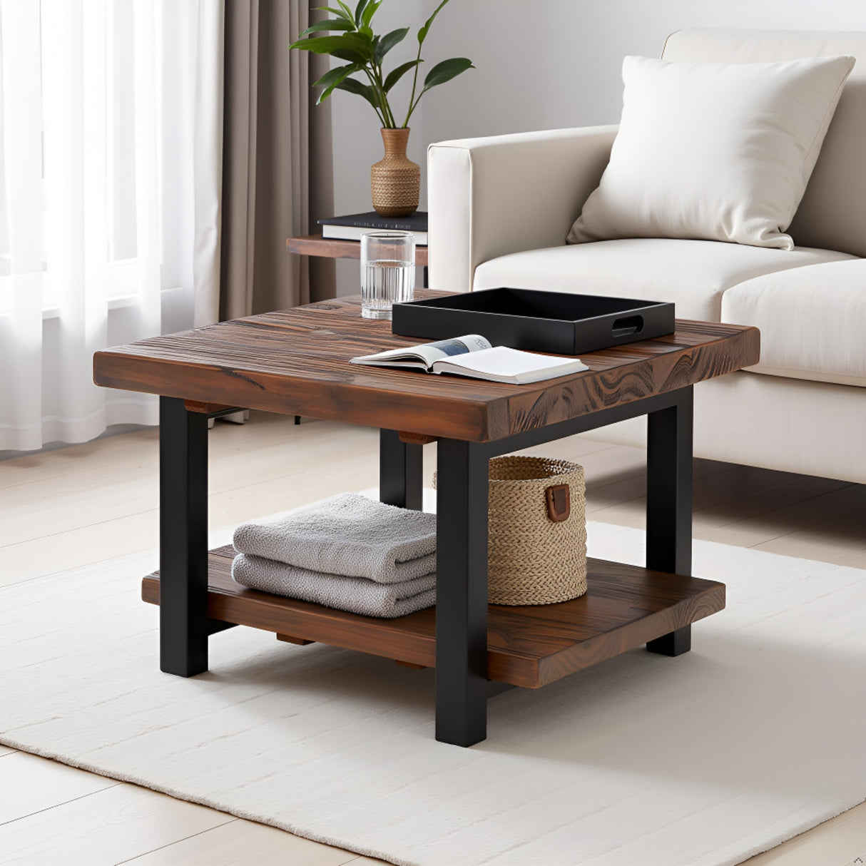 Pomona 27-Inch Rustic Square Coffee Table – Solid Pine Wood with Natural Weathered Finish and Industrial Metal Legs – Small Space Living Room Accent by Alaterre Furniture Alaterre Furniture