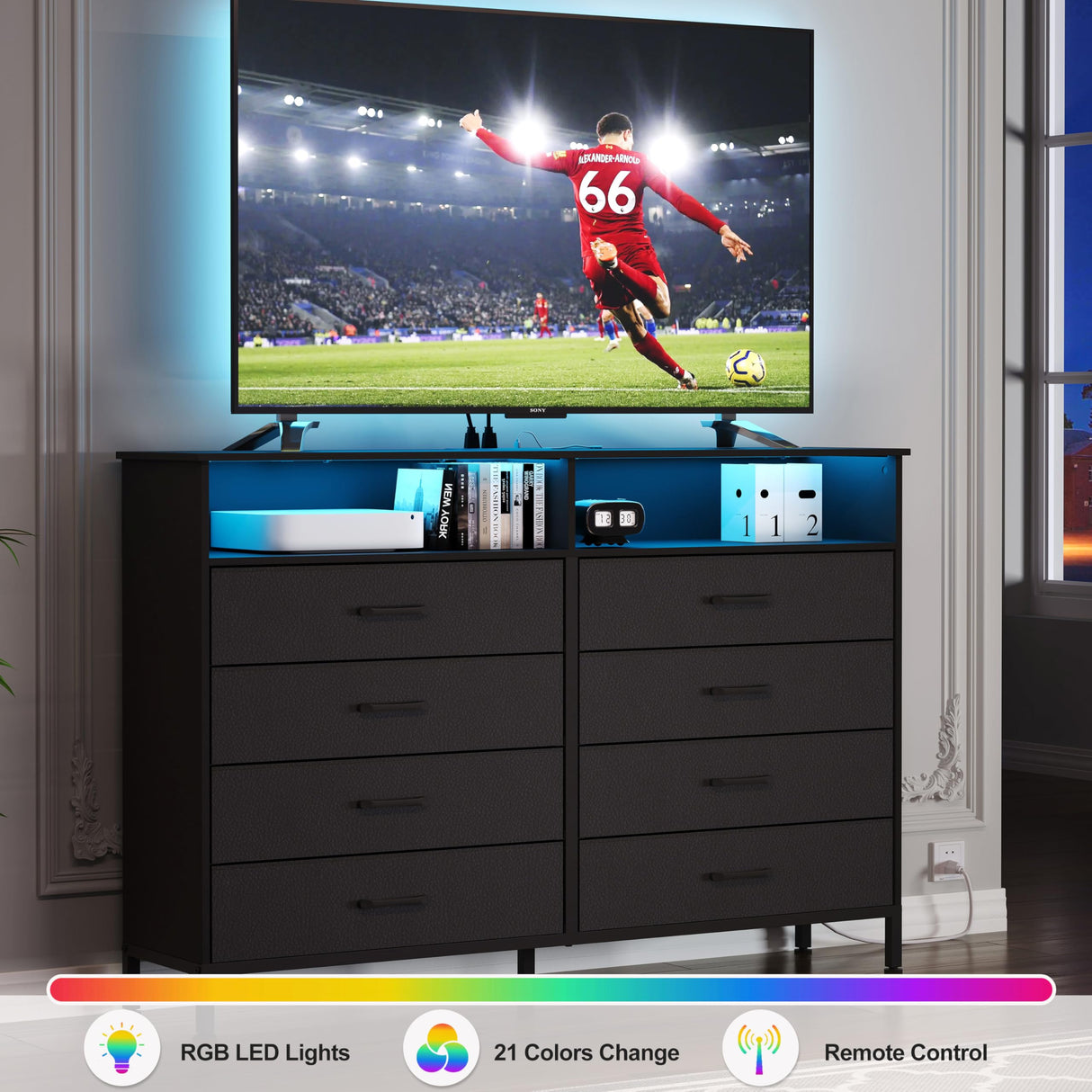 SOOWERY Black Dresser for Bedroom Led Bedroom Dresser with Charging Station, Tall Dresser with 8 Fabric Chest of Drawers, Dresser for Kids Room, TV Stand for up to 60" TV for Living Room SOOWERY