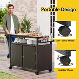 MU Outdoor Bar Cart with Storage and Wheels, Outdoor Bar Table with Tempered Glass Top & Shelf, Rolling Wicker Storage Cabinet with Rounded Handle & Side Basket for Backyard, Poolside, Garden, Black MU