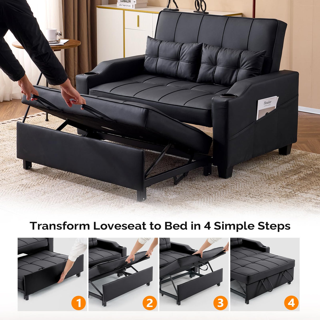 VINGLI Black Futon Sofa Bed Convertible Loveseat Sleeper Couch, Faux Leather Pullout Sofa Fold Out Couch Bed with USB Ports, Cup Holders, Armrest for Living Room, Bedroom Apartment Room VINGLI