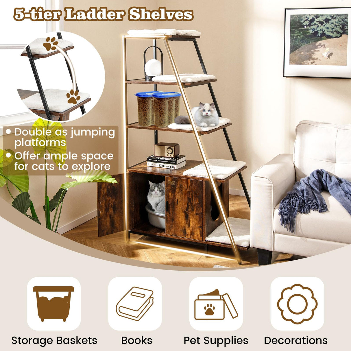 PETSITE Cat Litter Box Furniture with 3-Tier Ladder Shelves and Doors, 59 inch Cat Box Enclosure with Removable Plush Mats, Indoor Hidden Litter Box with Decorative Storage Shelving (Rustic Brown) PETSITE