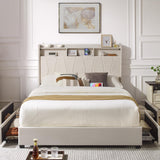 LegacyAmerhome Queen Bed Frame, Velvet Upholstered LED Platform Bed with Headboard Storage, Queen Bed Built-in Charging Station with 4 Drawers, Wood Slat Support, No Box Spring Needed, Beige LegacyAmerhome