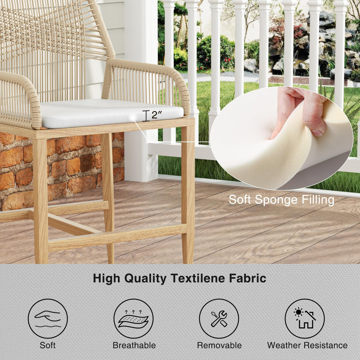 Halitaa Bar Stools Set of 2, Counter Height Barstools with Backrest and Cushion, Modern Rattan Wicker Patio Stools for Kitchen Patio Balcony Pool Outdoor Accent Counter Chairs, White Halitaa