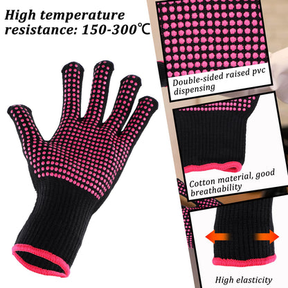 Qianyu 2 Pcs Heat Resistant Gloves with Double Silicone Bumps Professional Heat Blocking Gloves Heat Proof Mitts Elastic Hair Styling Tools Appliances Gloves for Curling Flat Iron Hot-Air Brushes