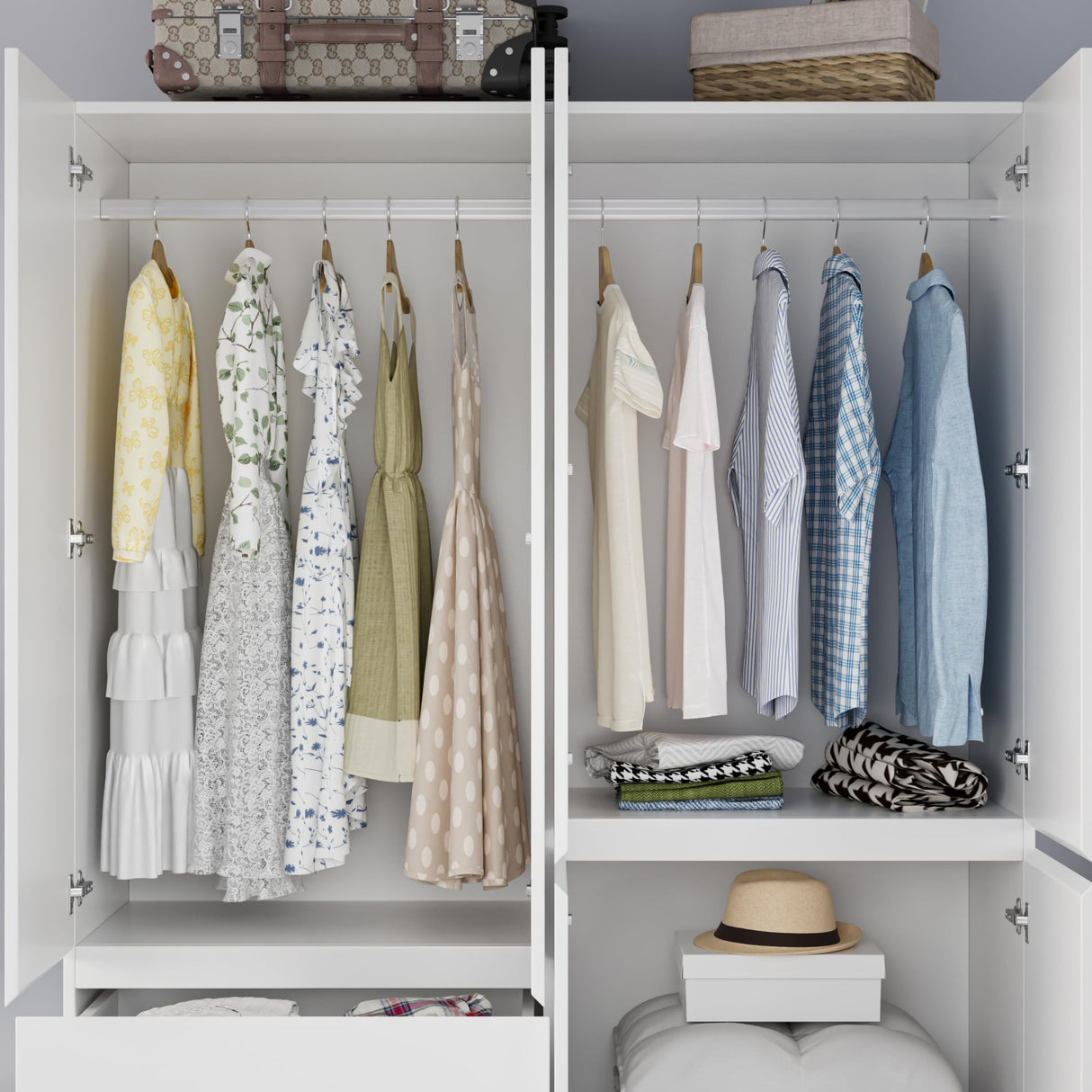 Mekminop Armoire Wardrobe Closet with Doors and Drawers, 4 Door 2 Drawers White Bedroom Armoires Wooden Wardrobe Storage Cabinet 20.39" D x 63" W x 78.74" H Mekminop