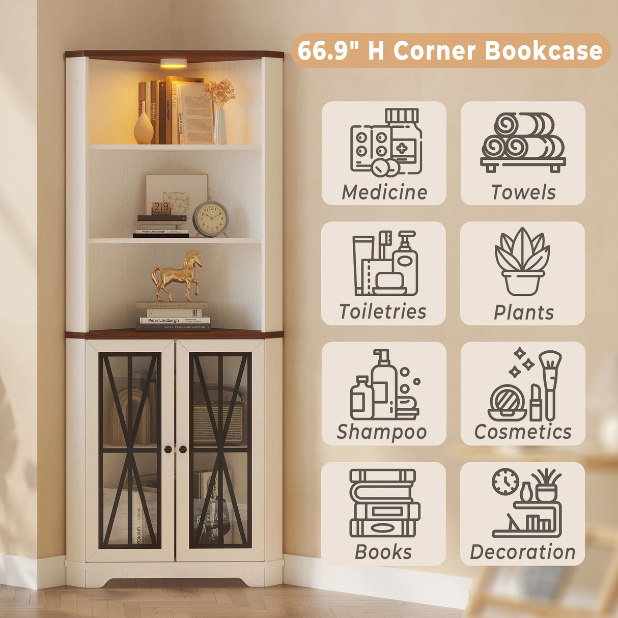 IRONCK 67" Tall Corner Bookcase with Magnetic Glass Doors,Wooden Corner Bookshelf with LED, Storage Cabinet for Home Office Living Room IRONCK