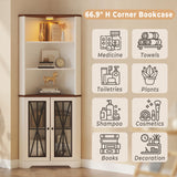 IRONCK 67" Tall Corner Bookcase with Magnetic Glass Doors,Wooden Corner Bookshelf with LED, Storage Cabinet for Home Office Living Room IRONCK