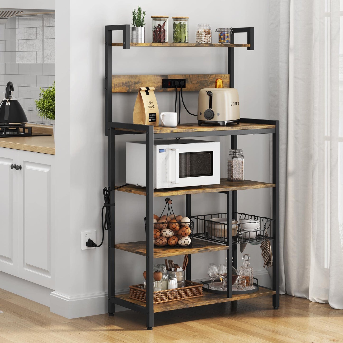 Yaheetech Bakers Rack with Power Outlet, Microwave Stand with Wire Basket & 6 S-Hooks, Coffee Bar Station w/5-Tier Storage Shelves, Storage Shelf Unit for Dinning Room/Living Room, Rustic Brown