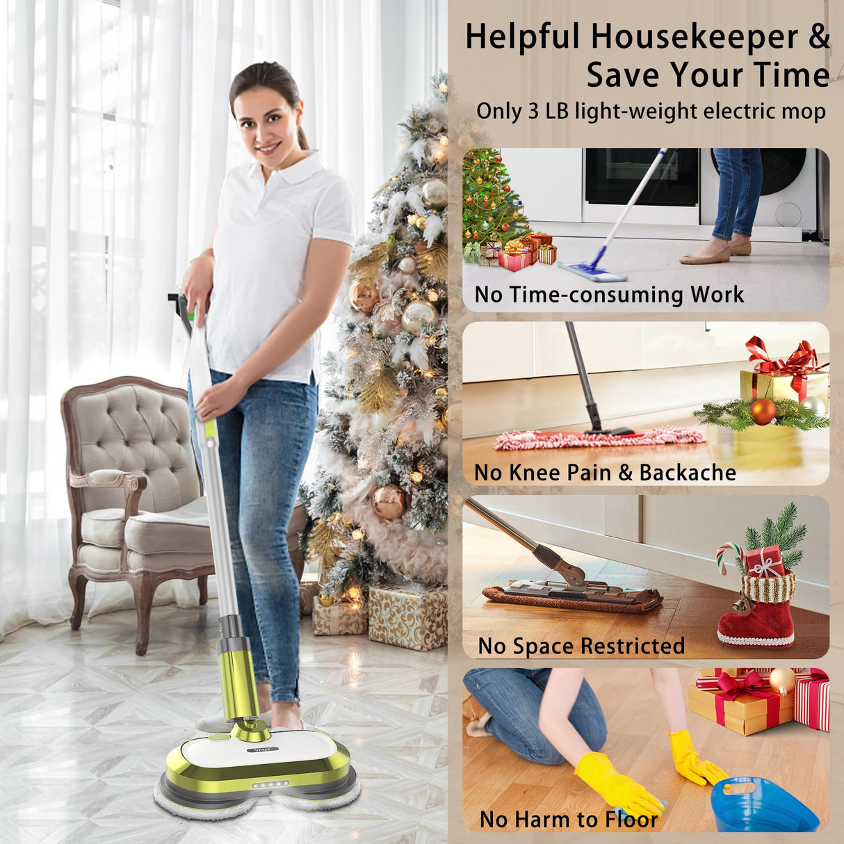 Cordless Electric Mop, Electric Spin Mop with LED Headlight and Water Spray, Up to 60 mins Powerful Floor Cleaner with 300ml Water Tank & Detachable Battery, Super Quiet Cleaning & Waxing VMAI