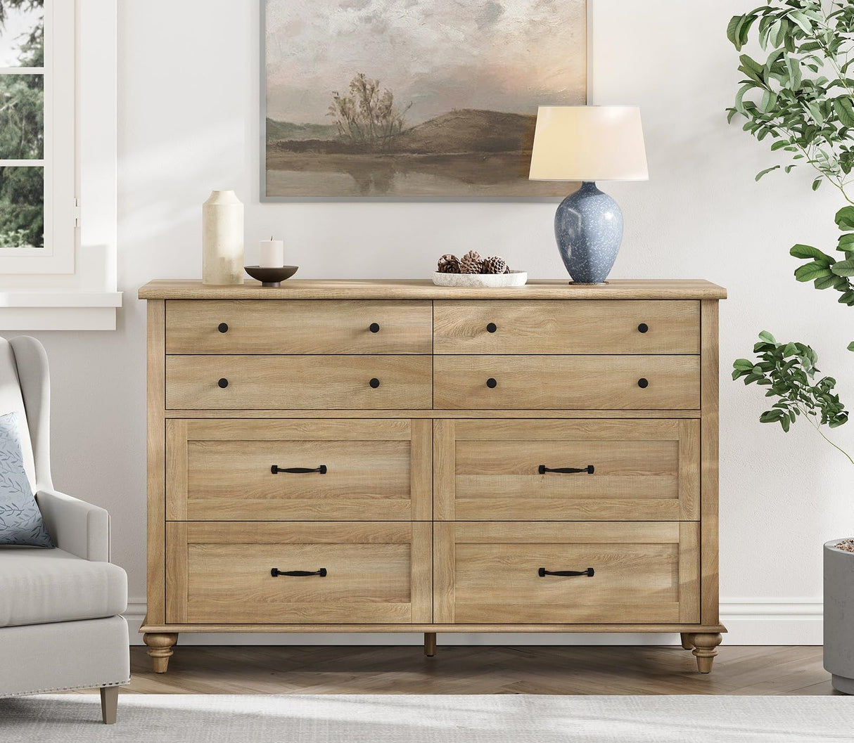 WAMPAT 8 Drawers Dresser for Bedroom, Farmhouse Dresser Chest of Drawers, Light Wood Kids Dresser for Closet, Dressers Organizer for Living Room & Hallway, 54 Inch, Oak WAMPAT