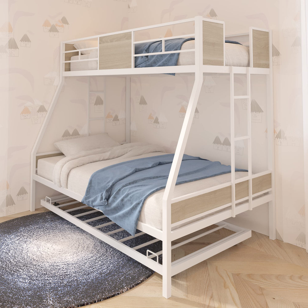 Olela Twin Over Full Metal Bunk Beds with Trundle Bed,Heavy Duty Metal Bed Frame with Safety Rail 2 Side Ladders for Boys Girls Adults,No Box Spring Needed (White Frame) Olela