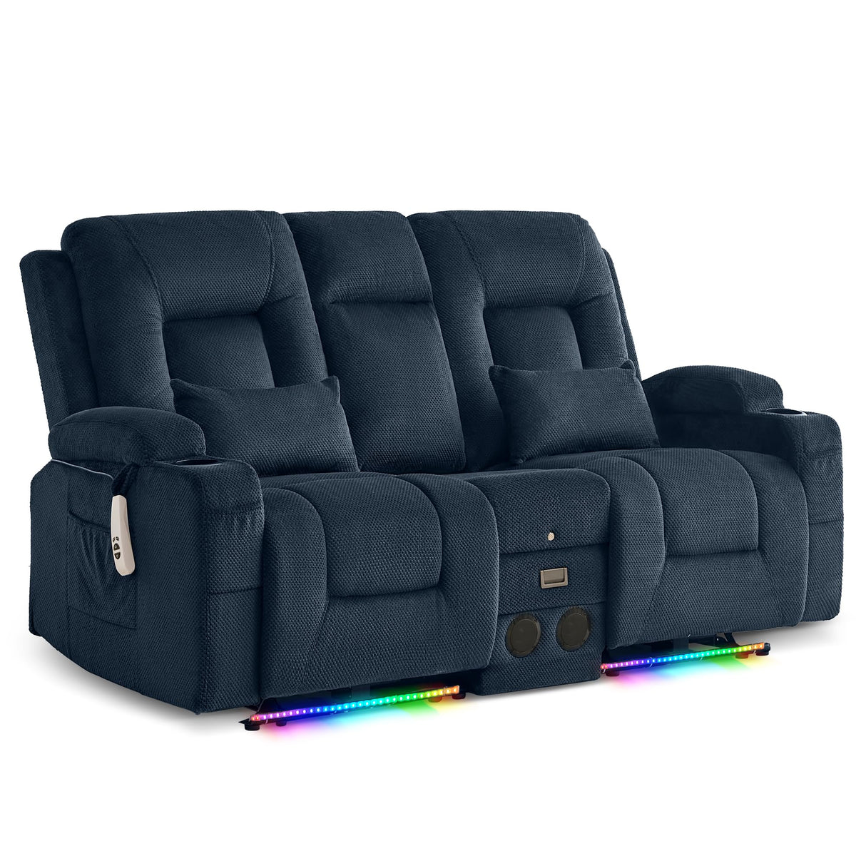 URRED Power Loveseat Recliner Sofa with Flipped Backrest Console, Wall Hugger RV Reclining Loveseat Sofa Couch with LED Light/Bluetooth Speakers/USB/Outlets/Cup Holders/Pillow/Side Pocket, Blue URRED